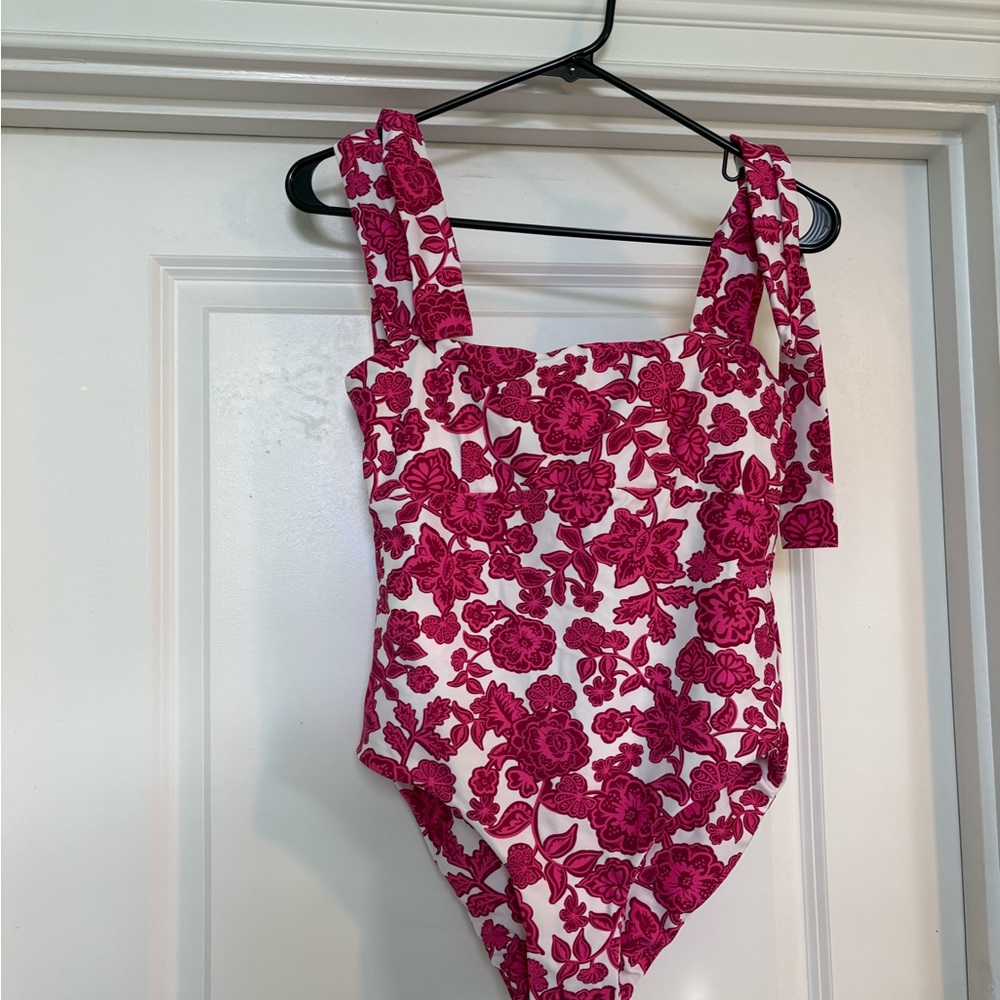 Floral Tie-Shoulder One-Piece Swimsuit in White & Fuchsia